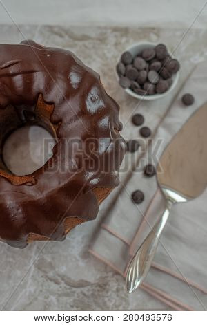 Traditional Home Made Chocolate Gugelhupf Cake On A Table