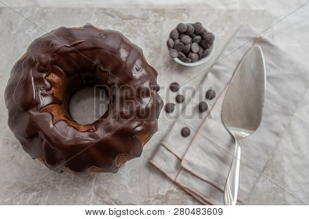 Traditional Home Made Chocolate Gugelhupf Cake On A Table