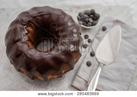 Traditional Home Made Chocolate Gugelhupf Cake On A Table