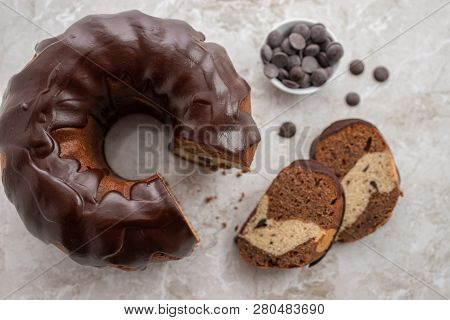 Traditional Home Made Chocolate Gugelhupf Cake On A Table