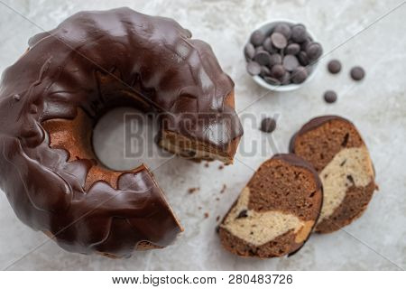 Traditional Home Made Chocolate Gugelhupf Cake On A Table