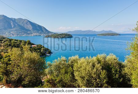 Beautiful Hazy Summer Lefkada Coastline Landscape (nydri, Greece, Ionian Sea).