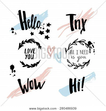 Beautiful Hand Drawn Set With Floral Frames, Grunge Textures And Lettering Texts. Vector Design Elem