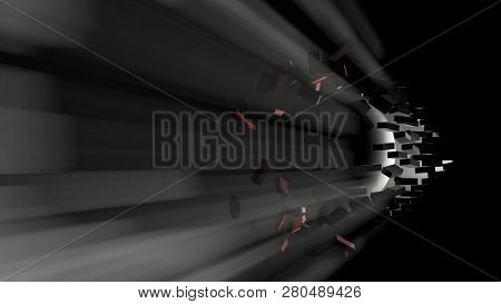A Large Black Ball Smashed A Brick Wall. Visible Light From The Hole. 3d Illustration. The Concept O