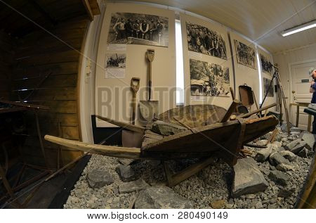 Flam railway museum.Station old Flam Railway. The Flamsbana is a 20.2-kilometer long railway line between Myrdal and Flam in Aurland, June 17,2018. Flam, Norway, Scandinavia.