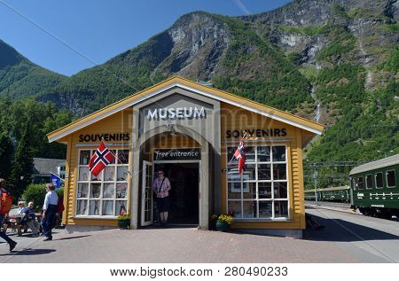 Flam railway museum.Station old Flam Railway. The Flamsbana is a 20.2-kilometer long railway line between Myrdal and Flam in Aurland, June 17,2018. Flam, Norway, Scandinavia.