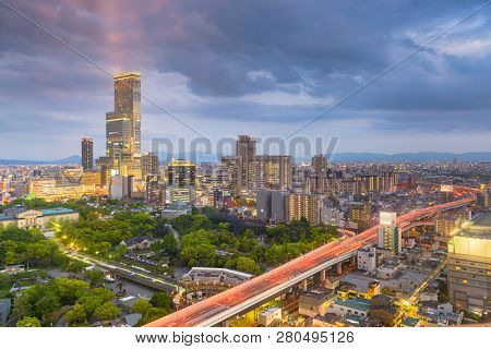 Osaka, Japan city skyline in the Abeno District at dusk.