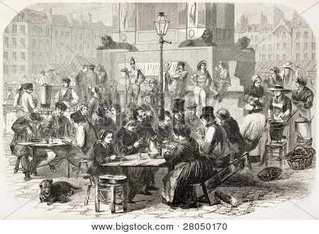 Outdoor restaurant in Paris old illustration. Created by Godefroy-Durand, published on L'Illustration, Journal Universel, Paris, 1858