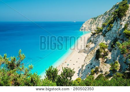Egremni Beach, Lefkada Island, Greece. Large And Long Beach With Turquoise Water On The Island Of Le