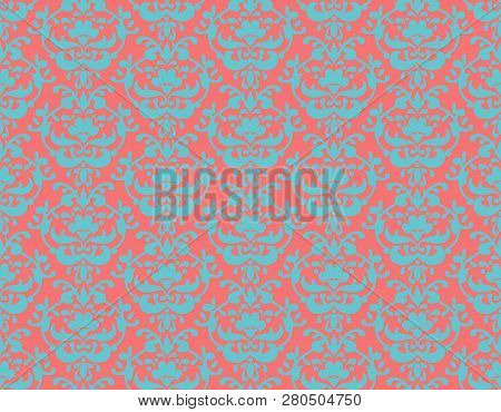 Wallpaper Reapiting Background. Red Coral And Blue Ornamental Pattern For Design Card, Banner, Ticke