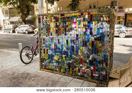 Israel, Tel Aviv - September 9, 2011 : Garbage Bin For Plastic Bottles Recycling Is On The Dizengoff
