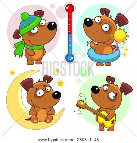 A Set Of Icons With Dogs For Children And Design, Dogs Stand At A Thermometer In A Hat And With The 