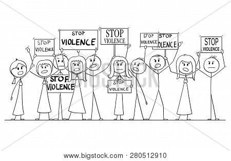 Cartoon Stick Figure Drawing Or Illustration Of Group Or Crowd Of Protesters Demonstrating With Stop