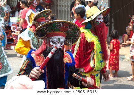 Nakorn Sawan , Thailand - February 19, 2018 : Portrait Of Unidentified Fighter Of Warriors ( Aung-go