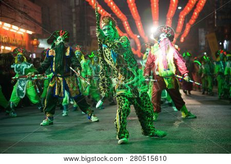 Nakorn Sawan , Thailand - February 18, 2018 : Group Of Unidentified Fighting Of Warriors ( Aung-gor 