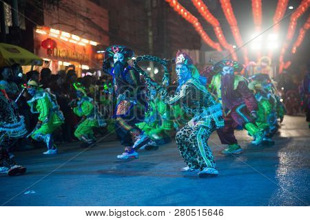 Nakorn Sawan , Thailand - February 18, 2018 : Group Of Unidentified Fighting Of Warriors ( Aung-gor 