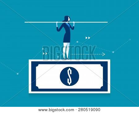 Woman Balancing On The Dollar Banknote. Concept Business Finance Vector Illustration. Balance.