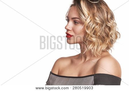 Beautiful Stylish Woman With Red Lips Looking At Camera