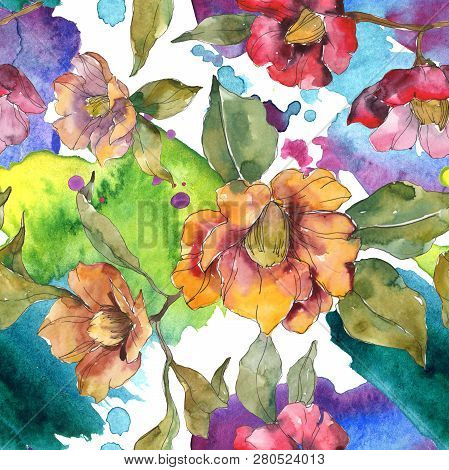 Red And Orange Camelia Foral Botanical Flower. Watercolor Background Illustration Set. Seamless Back