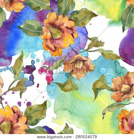 Red And Orange Camelia Foral Botanical Flower. Watercolor Background Illustration Set. Seamless Back