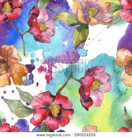 Red And Orange Camelia Foral Botanical Flower. Watercolor Background Illustration Set. Seamless Back