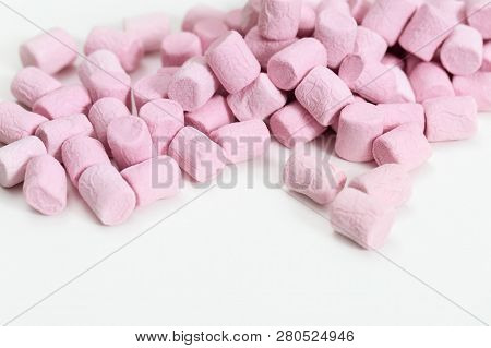 Background From Lilac Zephyr. Small Candy Marshmallow. Sweet Food Fon With Empty Space For Text. Sel
