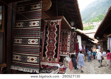 June 2018: Traditional Ottoman Market In Kruja, Birth Town Of National Hero Skanderbeg. Flea Market 