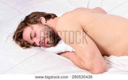 Man Unshaven Bearded Face Sleep Bed. Time For Nap. Sleep And Relax Concept. Man Handsome Guy Sleep. 