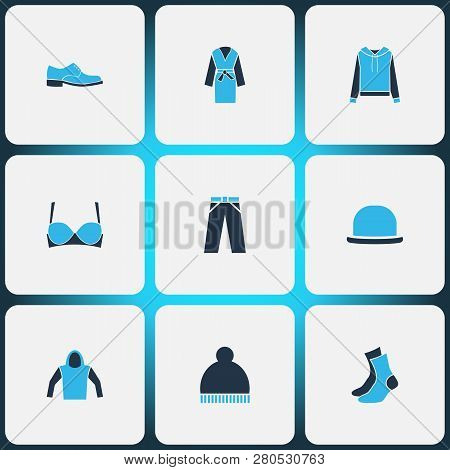 Clothes Icons Colored Set With Dressing Gown, Socks, Bra And Other Jeans Elements. Isolated Vector I