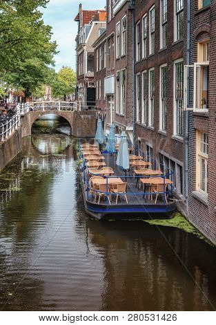 Floating Terrace In The Canal At The Wijnhaven In Delft In The Netherlands