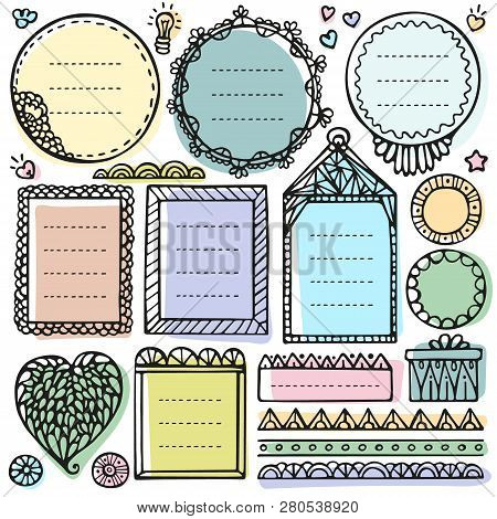 Bullet Journal Hand Drawn Vector Elements For Notebook, Diary And Planner. Cute Doodle Frames Set Is