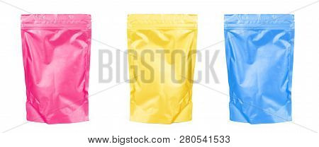 Golden Blank Doy-pack, Doypack Foil Food Or Drink Bag Packaging With Zip-lock. Plastic Pack Template