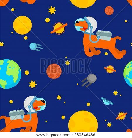 Dog Astronaut Space Pattern Seamless. Pet Spaceman Background. Puppy Cosmonaut Costume. Universe Tex