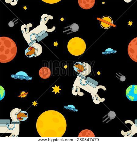 Dog Astronaut Space Pattern Seamless. Pet Spaceman Background. Puppy Cosmonaut Costume. Universe Tex