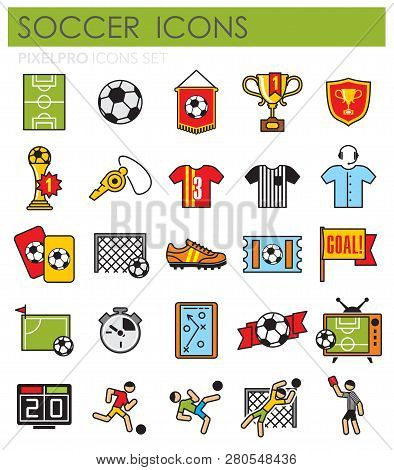 Soccer Outline Icons Set On White Background For Graphic And Web Design, Modern Simple Vector Sign. 