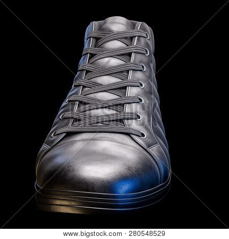 3d Realistic Render Of A Shoe In Dark Color, With A Black Background