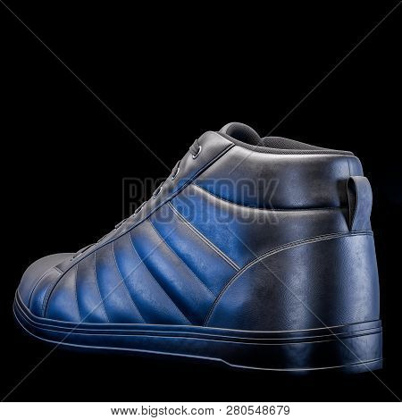 3d Realistic Render Of A Shoe In Dark Color, With A Black Background