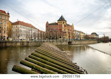 Prague, Czech Republic - 12.01.2019: View Of Embankment Smetanovo Nabrezi In Prague Old Town From Th