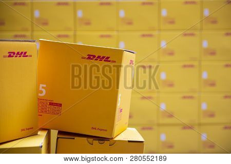 Sofia, Bulgaria - 17 October, 2018: Yellow Dhl Express Packages Are Seen Arranged In A Warehouse.