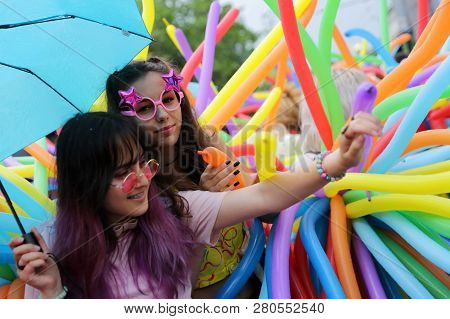 Sofia, Bulgaria - 9 June 2018: Young Girls Participate In The Annual Lgbt Sofia Pride Parade For Equ