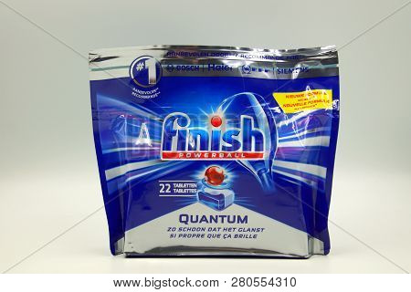 Amsterdam, The Netherlands - Januari 25, 2019: Finish Powerball Quantum Dishwasher Detergent Package