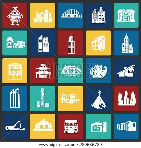 Modern And Old Buildings Set On Color Squares Background Icons