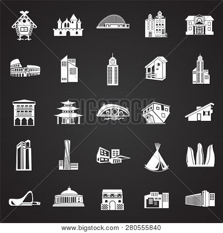 Modern And Old Buildings Set On Black Background Icons