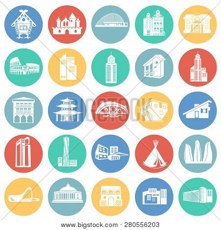 Modern And Old Buildings Set On Color Circles Background Icons
