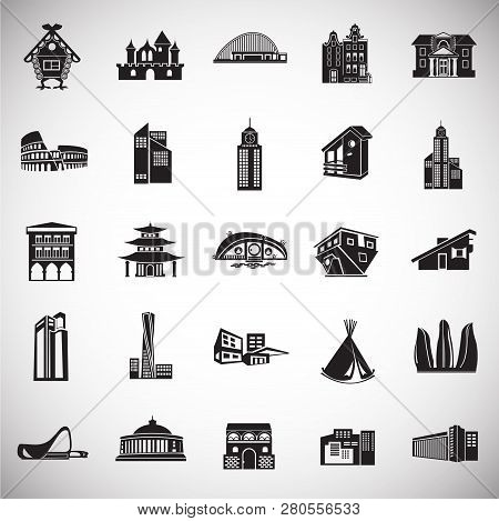 Modern And Old Buildings Set On White Background Icons