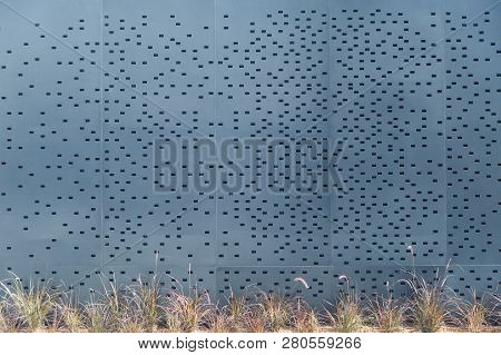 Wall Of Black Metal Futuristic New Building. Abstract Architectural Pattern