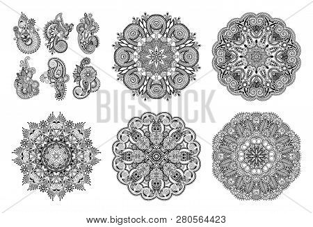 Set Of Circle Lace Ornament, Round Ornamental Geometric Doily Pattern In Indian Kalamkari Style