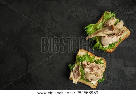 Sandwich With Chicken And Lettuce. Food Background. Copy Space