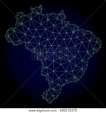 Polygonal Mesh Map Of Brazil. Abstract Mesh Lines, Triangles And Points On Dark Background With Map 