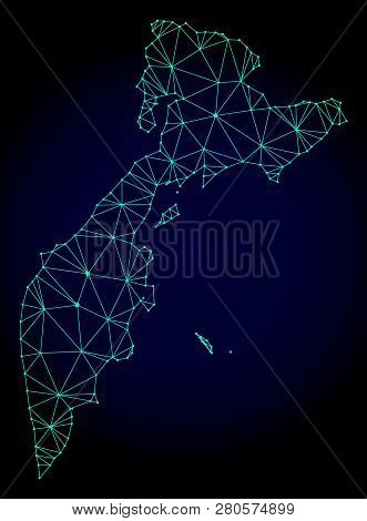 Polygonal Mesh Map Of Kamchatka Peninsula. Abstract Mesh Lines, Triangles And Points On Dark Backgro